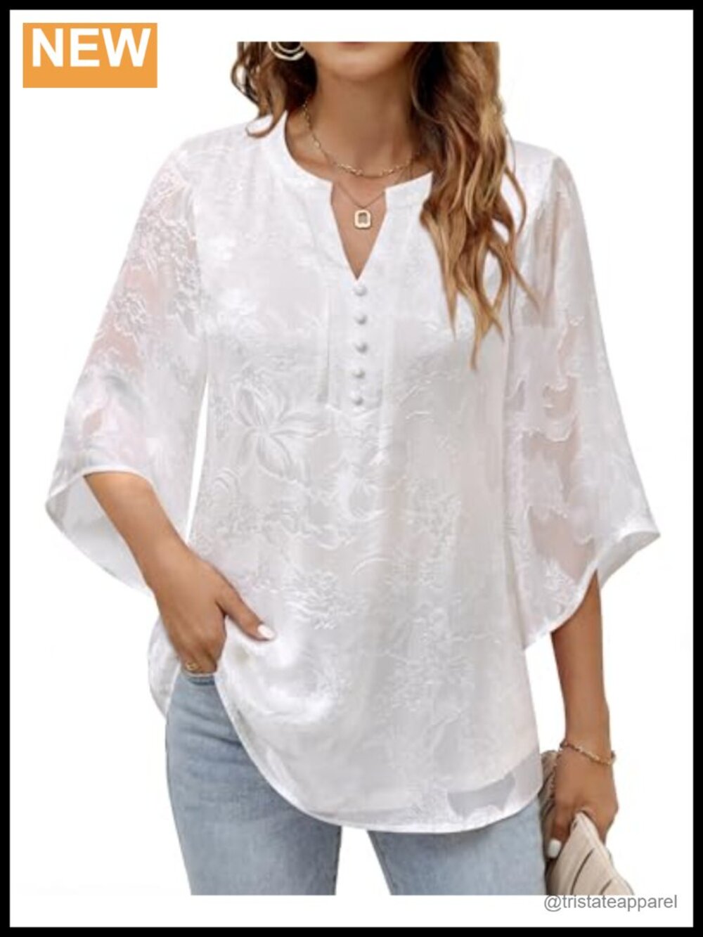 Womens Flowy V Neck 3/4 Sleeve Tunic Blouse, Double Layer or Layered Top,